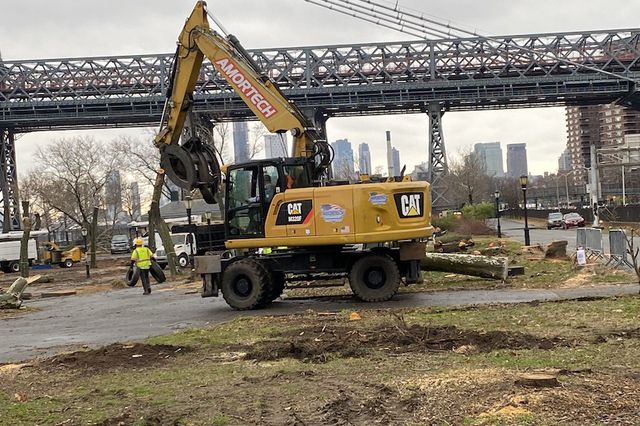A bulldozer sits in front of the Williamsburg bridge in the East River Park with stumps of trees in the foreground.
